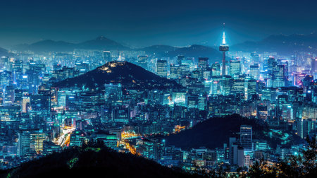 Seoul cityscape at night with twinkling skyscrapers and Namsan Tower on Namsan Mountain, while the serene peaks of Bukhansan add a natural contrast in the background.の素材