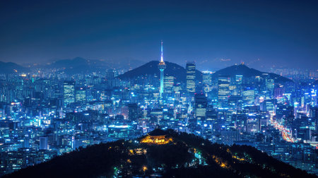 Seoulaes night skyline with its illuminated skyscrapers, Namsan Tower glowing atop Namsan Mountain, and the majestic Bukhansan mountain range creating a breathtaking backdrop.の素材