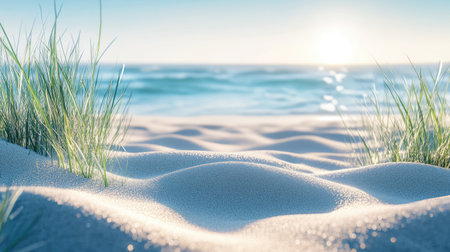 Sunlit beach sand with soft textures in the foreground and a vibrant blue ocean in the background, evoking the perfect summer getaway.の素材
