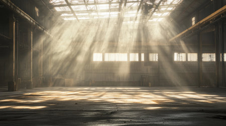 Sunbeams cut through the hazy air in a rustic warehouse, casting dramatic light on the rough concrete floor and exposed steel beams overhead.の素材
