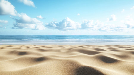 Soft, golden sand in the foreground with the vast sea and blue horizon in the background, capturing a peaceful and sunny summer day on the beachの素材