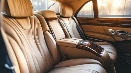 Spacious, high-end back seat of a luxury sedan with premium leather upholstery, wood accents, and a sleek center console. Perfect for travel and executive transport.の素材