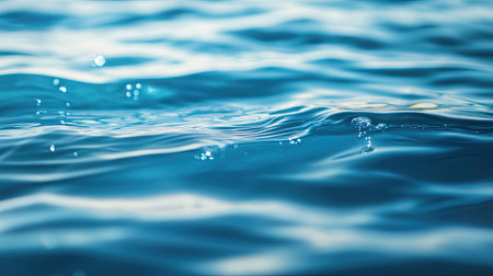 Soft focus on calm blue water, with blurred ripples and light patterns shimmering on the surface. Clear, transparent texture with subtle bubbles and splashes floating.の素材