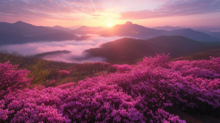 Stunning spring view of Hwangmaesan Mountain covered in pink azaleas at sunrise, with mist rolling over the nearby mountain range near Hapcheon-gun, South Korea.の素材