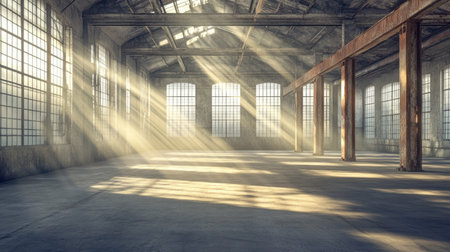 Sunlight shining through high windows illuminates the rustic warehouse floor and wooden support columns, creating a serene, industrial atmosphere.の素材