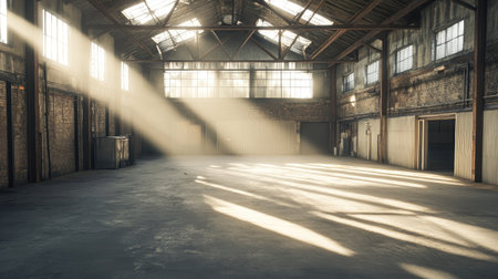Sunlight floods an empty rustic warehouse, casting long beams across the rough concrete floor and exposed support beams, creating a sense of quiet abandonment.の素材