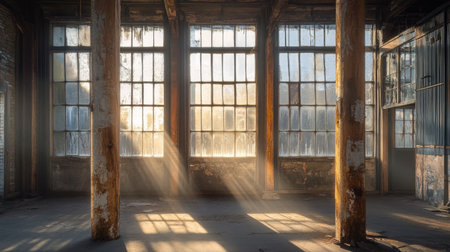 Sunlight pouring through broken windows of a deserted warehouse, highlighting the exposed wooden columns and weathered textures of the rustic interior.の素材
