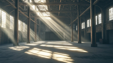 Sunlight floods an empty rustic warehouse, casting long beams across the rough concrete floor and exposed support beams, creating a sense of quiet abandonment.の素材