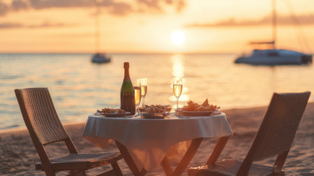 Sunset beach dinner with a table set for two, featuring champagne, gourmet food, and a view of yachts on the horizon, ideal for a romantic evening.の素材