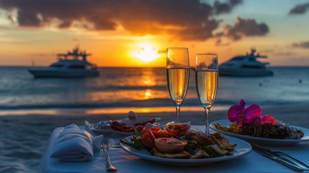 Sunset beach dinner table set for two, with gourmet food, champagne glasses, and a romantic view of yachts on the ocean horizon.の素材