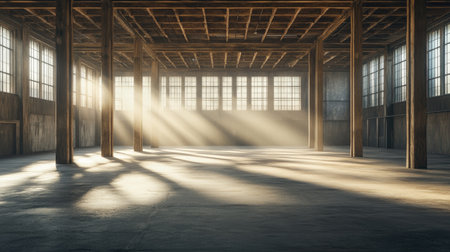 Sunlight pours through dusty windows of an empty rustic warehouse, casting long shadows across the concrete floor, highlighting exposed wooden support columns.の素材