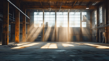 The interior of a weathered, empty warehouse bathed in sunlight streaming through high windows, casting shadows across exposed metal columns and rough floors.の素材