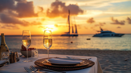 Sunset dinner for two on a beach, with a luxury table setting, champagne glasses, and yachts sailing in the distance, creating a romantic vacation mood.の素材