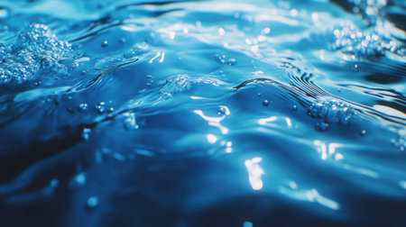 Transparent blue water with ripples and defocused texture, shimmering reflections of light. Calm surface with bubbles and subtle splashes creating beautiful patterns.の素材