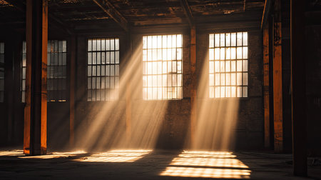 The sunaes rays break through dusty windows in a rustic warehouse, illuminating the exposed wooden beams and creating an industrial, yet peaceful, mood.の素材