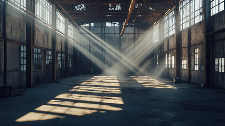 The interior of a weathered, empty warehouse bathed in sunlight streaming through high windows, casting shadows across exposed metal columns and rough floors.の素材