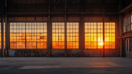 The sun sets behind the windows of an empty, rustic warehouse, casting soft orange light over the exposed wooden beams and creating an atmospheric scene.の素材