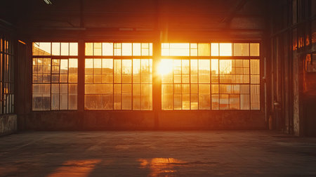 The sun sets behind the windows of an empty, rustic warehouse, casting soft orange light over the exposed wooden beams and creating an atmospheric scene.の素材