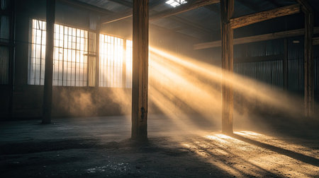 The sunaes rays break through dusty windows in a rustic warehouse, illuminating the exposed wooden beams and creating an industrial, yet peaceful, mood.の素材