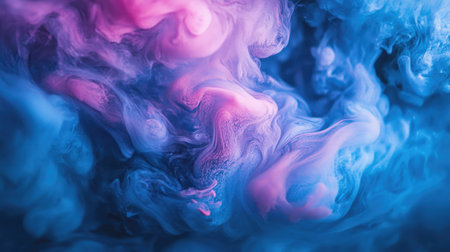 Vibrant blue and pink acrylic paint swirling underwater, forming soft clouds of color in motion. The explosion creates mesmerizing gradients on a dark background.の素材