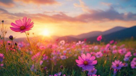 Vibrant cosmos flowers bloom in a wide field, stretching towards distant mountains under a glowing sunset, creating a peaceful and scenic landscape.の素材