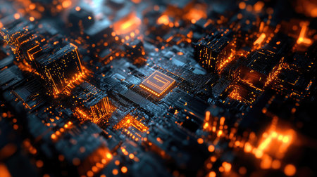 Virtual space filled with complex 3D fractal geometry, with a highlighted CPU symbol in perspective, capturing the essence of modern computing and IT infrastructure.の素材