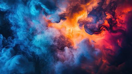 Vibrant explosion of multicolored acrylic paint underwater, creating swirling clouds of color suspended in dark water. Ideal for abstract, creative backgrounds.の素材