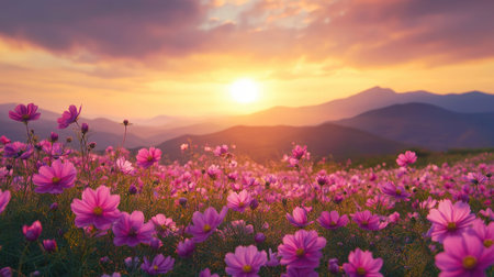 Vibrant cosmos flowers bloom in a wide field, stretching towards distant mountains under a glowing sunset, creating a peaceful and scenic landscape.の素材