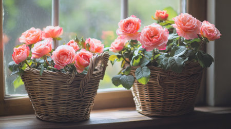 Wicker baskets filled with blooming roses, perfectly positioned on a windowsill. The warm light illuminates the vibrant flowers, offering a touch of homegrown elegance.の素材