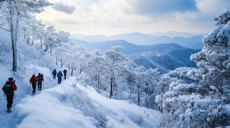 Visitors atop Deogyusan Mountain take in the pristine winter views, surrounded by snow-laden trees and frosty air at Deogyusan National Park near Muju, South Korea.の素材