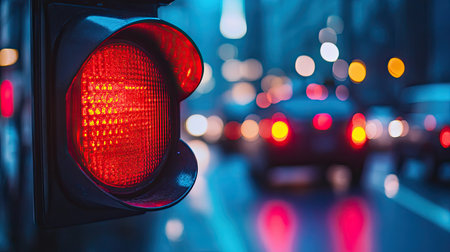 A close-up of a red traffic light with selective focus, with the background blurred to provide a spacious area for text or promotional contentの素材
