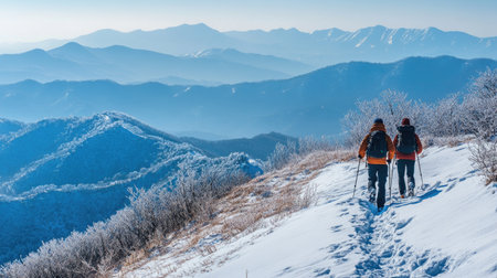 Winter hikers reach the summit of Deogyusan Mountain, surrounded by snow-capped peaks and a serene landscape, capturing the beauty of Deogyusan National Park in winter.の素材