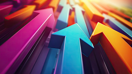 3D arrows shooting upward with vibrant colors, representing success and profitability in business. The dynamic design provides room for text or promotional content.の素材