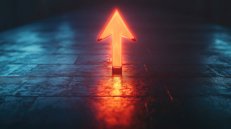 A bright 3D arrow pointing upward on a sleek, modern background, symbolizing profitability and success. Lots of copy space for business messaging or logos.の素材