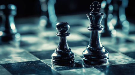 A chessboard with an intense game in progress, highlighting strategic planning in business management. The insightful positioning of pieces represents thoughtful decision-making.の素材