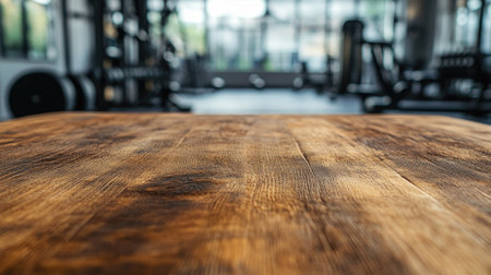 A close-up of a rough wooden table surface, with a gym full of exercise equipment softly blurred in the background, ideal for showcasing fitness-related productsの素材