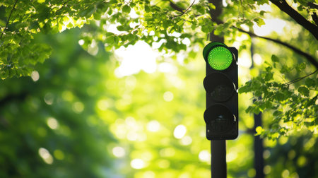 A close-up of a green light on a traffic signal, with a shallow depth of field that softly blurs a background of leafy green trees on a sunny dayの素材