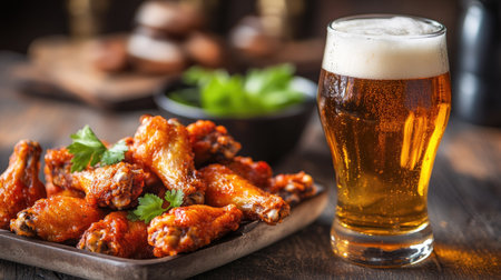 A chilled pint of golden beer with a basket of crispy, flavorful chicken wings, creating the perfect laid-back, comfort food pairing in a bar-style setting.の素材