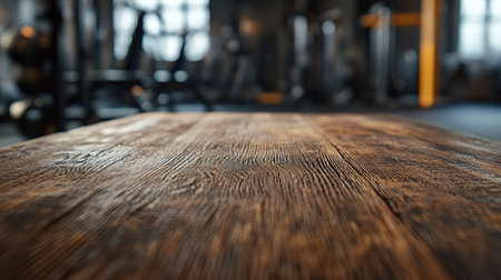 A close-up of a rough wooden table surface, with a gym full of exercise equipment softly blurred in the background, ideal for showcasing fitness-related productsの素材