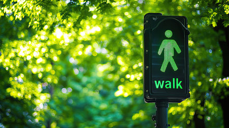 A close-up of a green pedestrian "walk" signal, set against a background of lush green trees and bright daylight, creating a natural and urban harmonyの素材