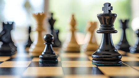 A chessboard with pieces arranged for a mid-game standoff, emphasizing the strategic element of each move. The black and white pieces contrast sharply.の素材