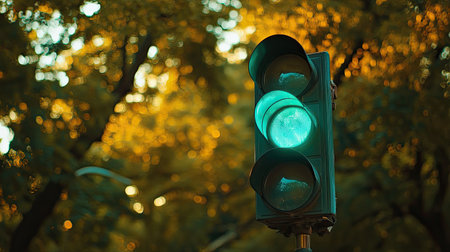 A close-up of a green traffic light against a backdrop of blurred trees, with soft lighting highlighting the signal in contrast to the natural backgroundの素材