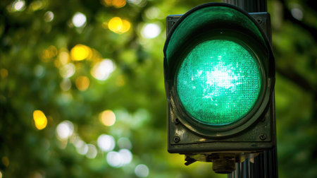 A close-up of a green traffic light against a backdrop of blurred trees, with soft lighting highlighting the signal in contrast to the natural backgroundの素材