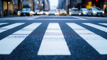 A crosswalk with stationary cars at a distance, capturing a quiet moment in a bustling city with no vehicles moving, ideal for a sense of calm and safetyの素材
