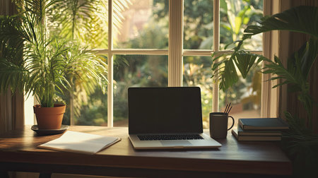 A cozy, minimalistic home office setup with a laptop, coffee cup, and notebook, placed near a large window with a garden view, creating a serene and productive atmosphereの素材