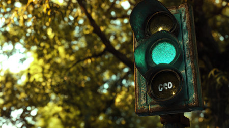 A glowing green traffic light with a clear "go" signal, set against a background of trees, with a shallow depth of field creating a soft, calming effectの素材