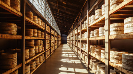 A long hallway lined with massive shelves filled with Parmigiano cheese wheels aging to perfection in a Parma-based factory. The natural sunlight streams through narrow windows.の素材