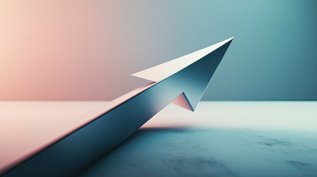 A sleek 3D arrow pointing sharply upward, conveying financial success and rising profits. Plenty of copy space on a clean background for marketing use.の素材