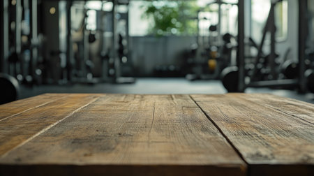 A rough wooden table with faded edges in sharp focus, with blurred workout machines and weights in a modern gym as the backdrop, ideal for product placementの素材