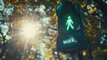 A green pedestrian signal glowing brightly, indicating "walk," with a blurred background of sunlit trees and greenery on a clear day, symbolizing safe passageの素材